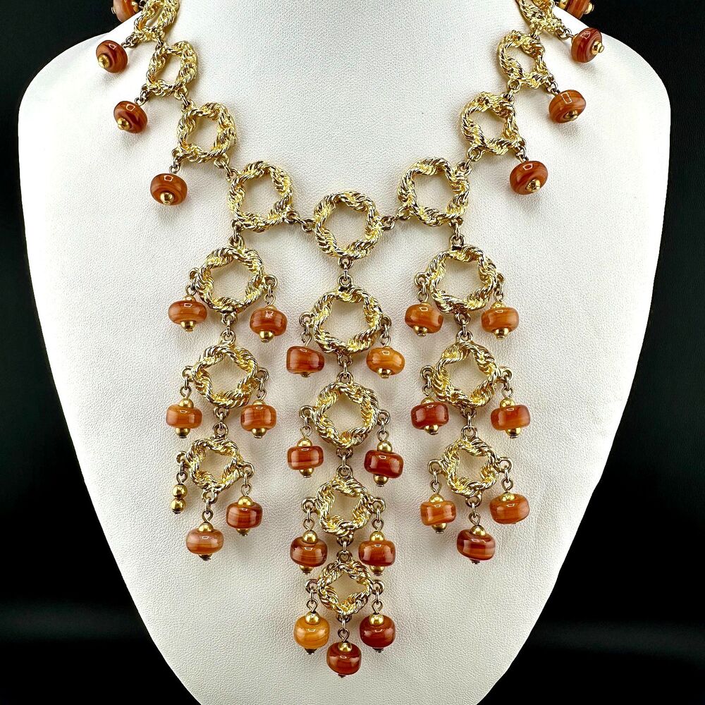 Vintage Statement Necklace Bib Fringe Hammered Gold Tone Link Agate Bead Dangles